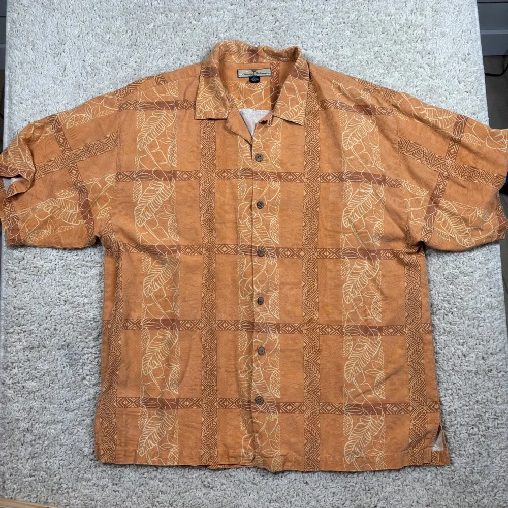 Tommy Bahama Silk Camp‎ Shirt Mens XL Orange Excellent Tropical Leaf Jacquard